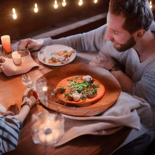 AI generated: a beautiful dinner table with hygge style in Denmark on the night. The dinner is well-cooked meat, p...