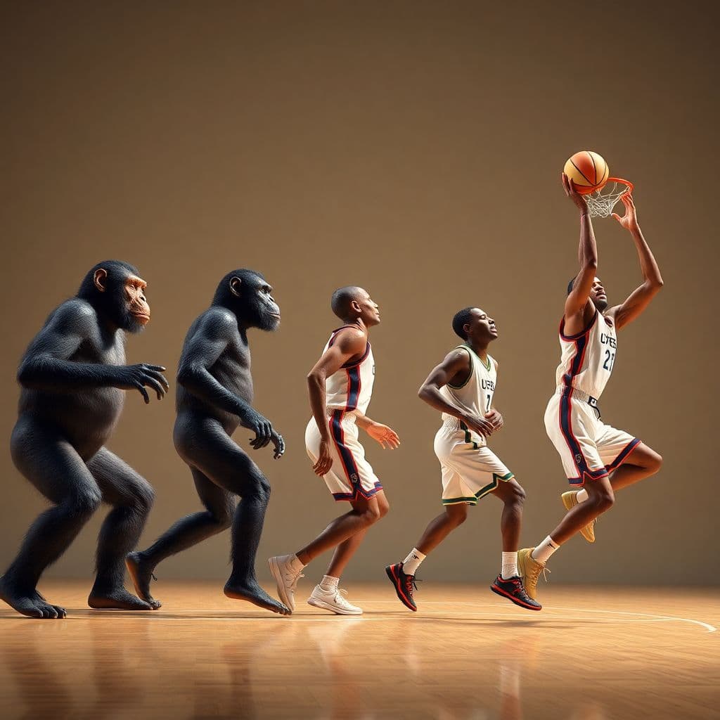 AI generated: visualization of human evolution, 6 figures, transitioning from apes to white race basketball player...