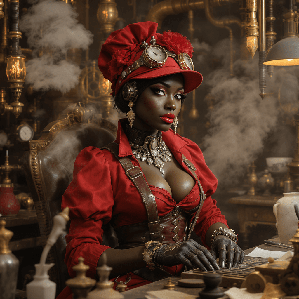 AI generated: hyper-realistic and detailed image of a steampunk african american female wearing all red at work 