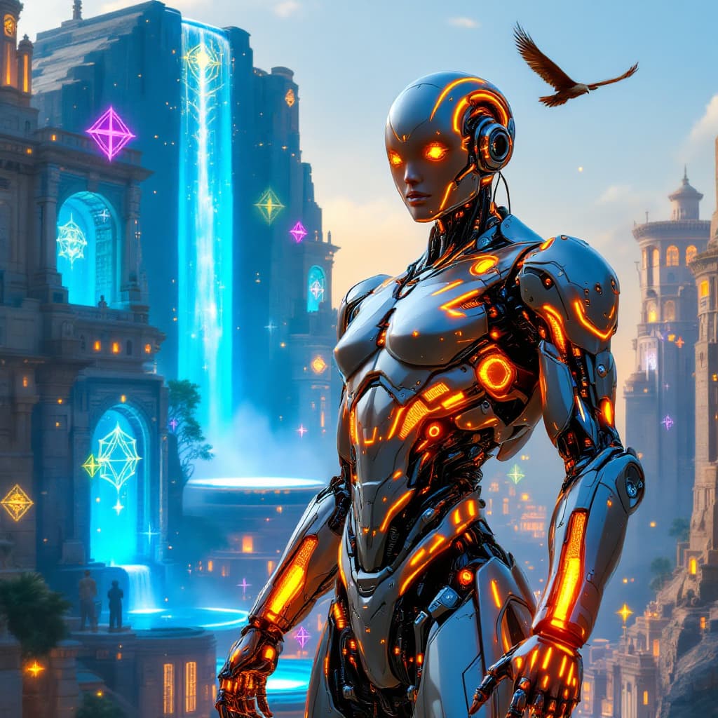 AI generated: "A cybernetically enhanced robot stands defiantly at the center of the mythical Ciudades de Tartaria...