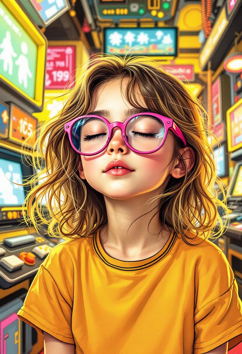 AI generated: a drawing of a beautiful 5-year-old girl, with brown, blonde and slightly curly hair, with her eyes ...