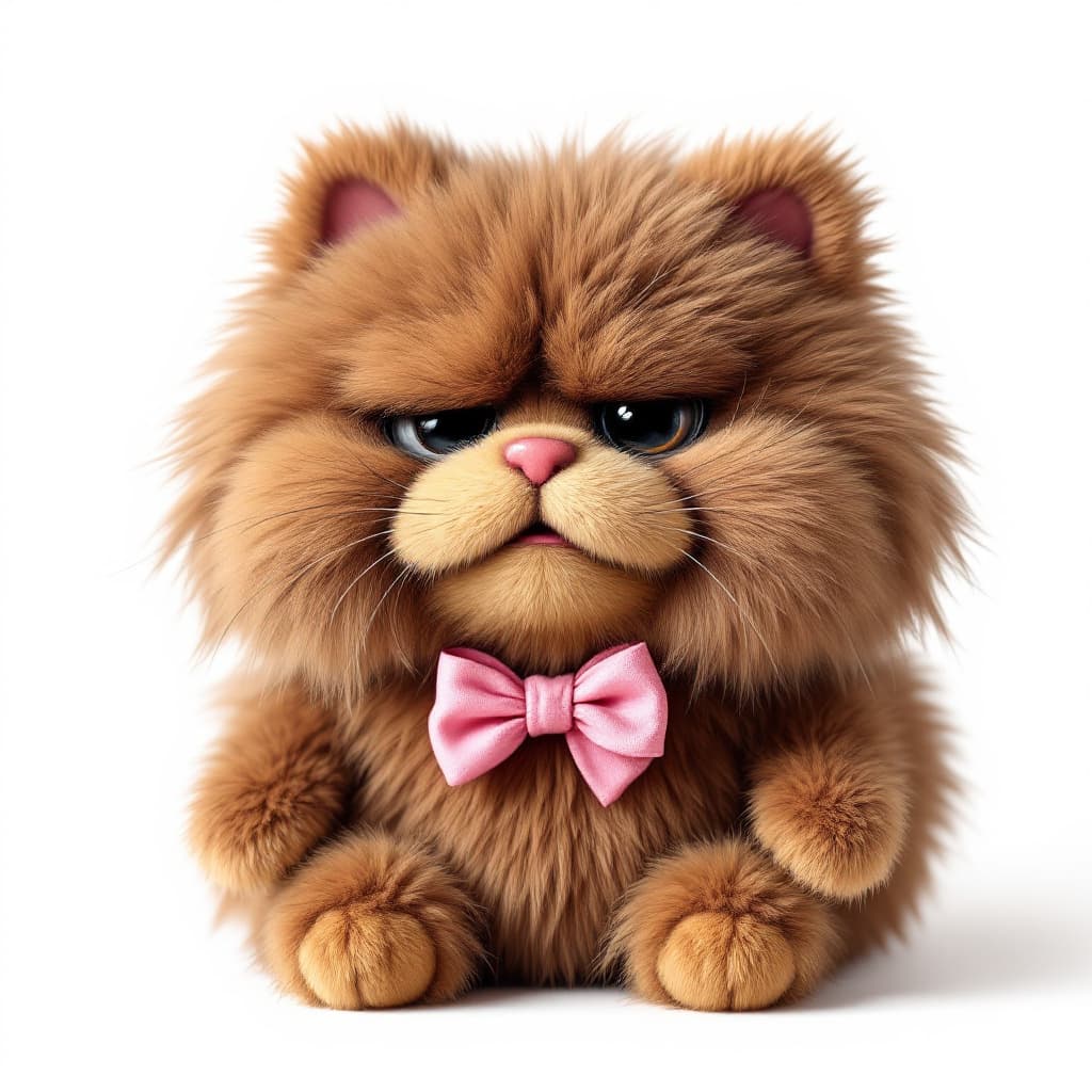 AI generated: very disgust face brown fluffy character wearing a pink bow on white background.