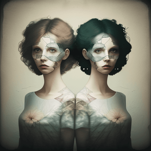 AI generated: 2 
beautiful woman's double exposure, surreal artwork, printed on cracked paper, artful, aesthetic,...