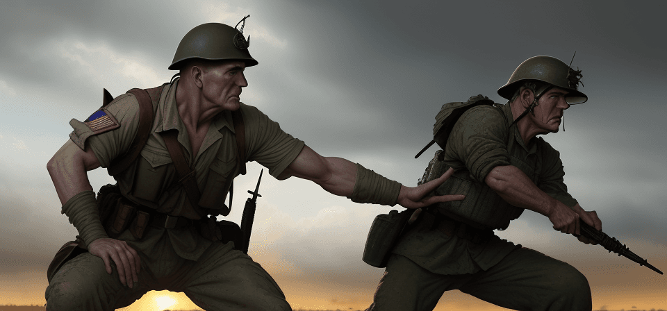 AI generated: Craft a detailed, photorealistic close-up of a World War II soldier amidst a fierce battle. The imag...
