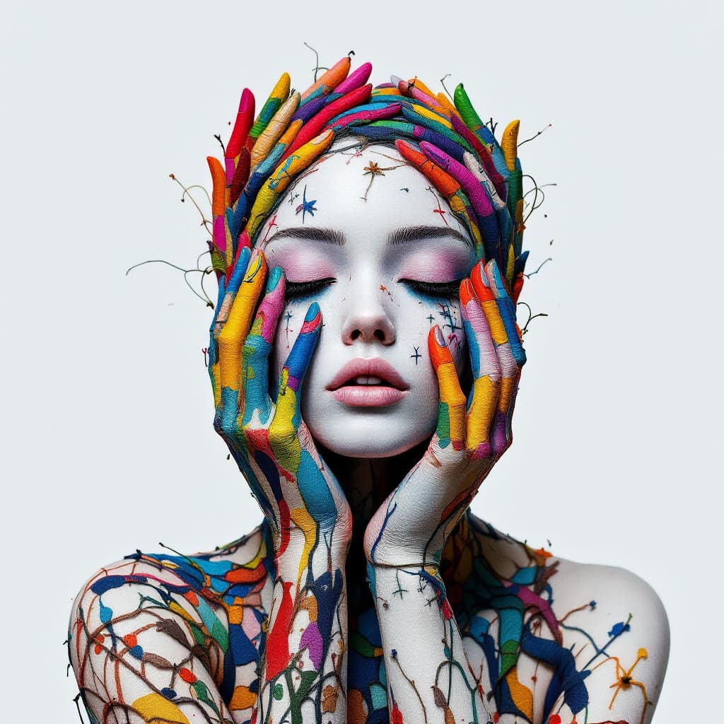 AI generated:  An abstract masterpiece featuring a stunning embroidered stitched mannequin like a rag doll, design...
