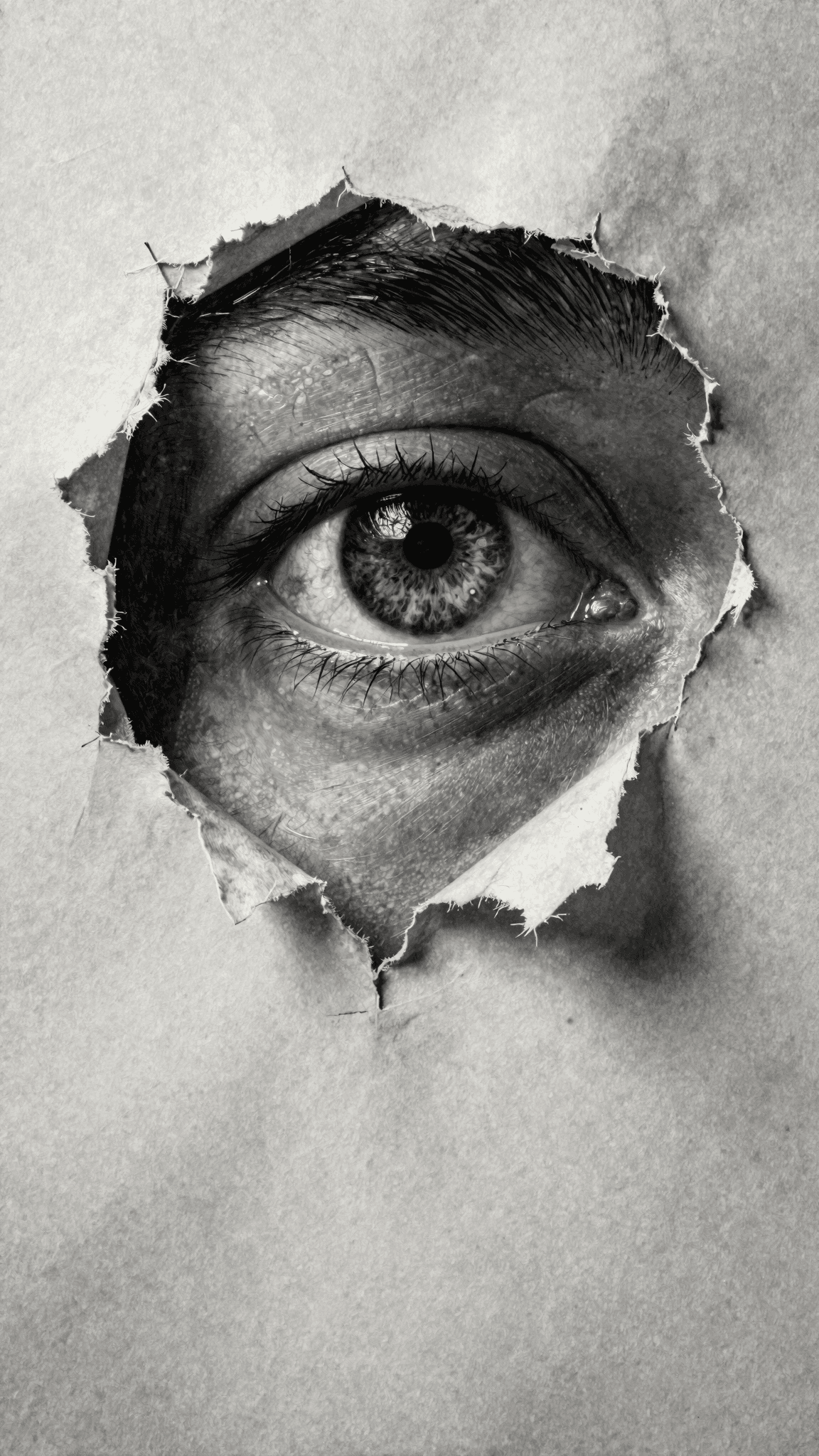 AI generated: A hyperrealistic oil painting featuring an intense close-up of a human eye peeking through a ripped ...