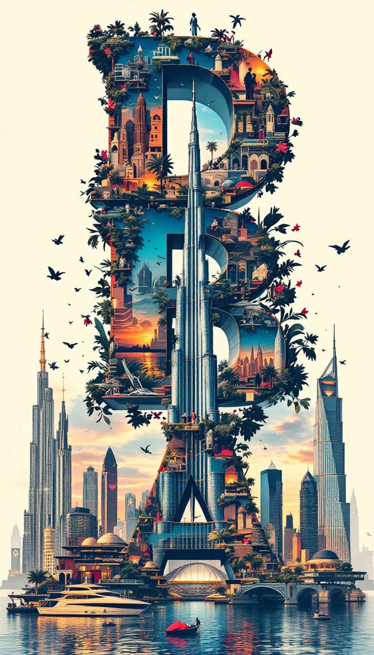 AI generated: A striking, high-contrast cinematic photo-style vertical collage that captures the essence of DUBAI-...