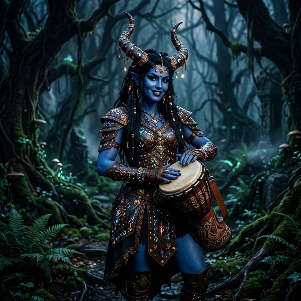 AI generated: a beautiful female demon with blue skin and black hair, ornately decorated devil horns and wearing i...