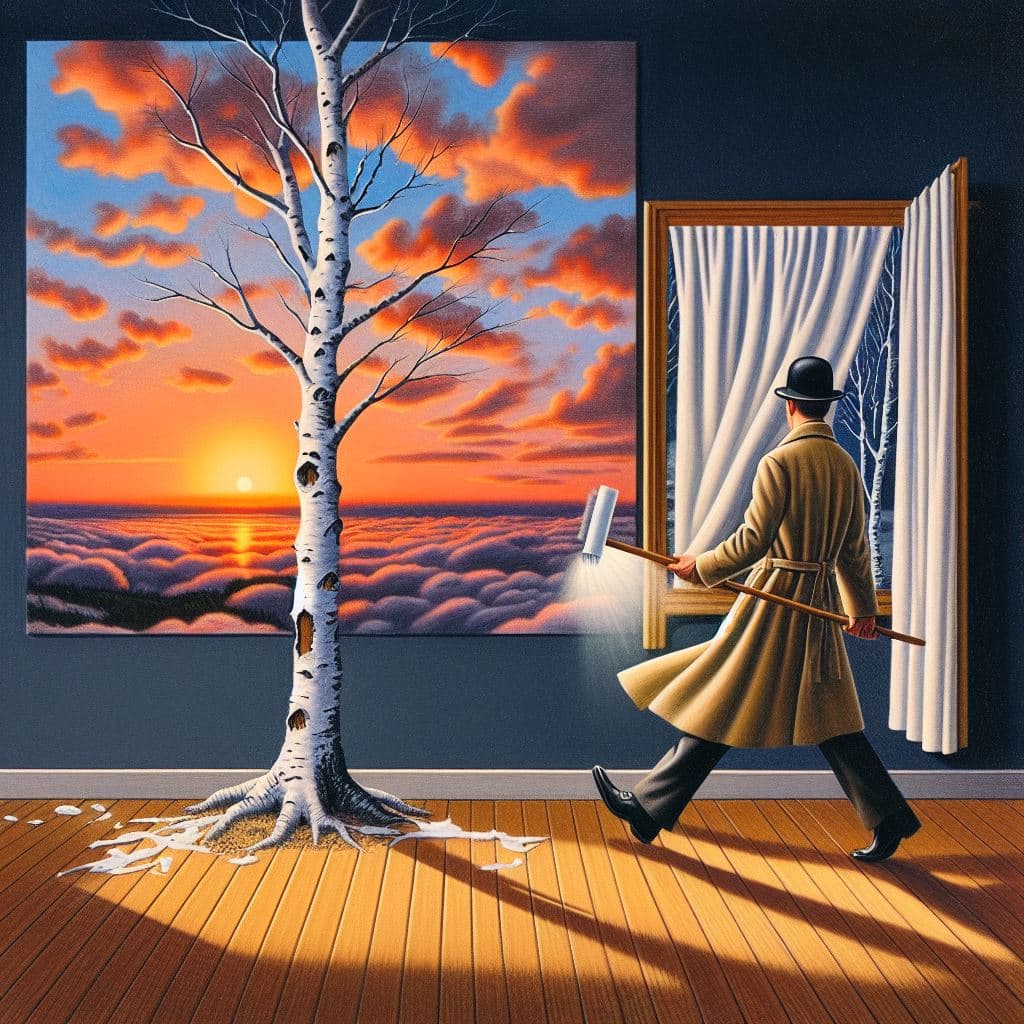 AI generated: "I need to change the wallpaper!" said the birch tree and walked away at dusk. Fantastic Realism by ...