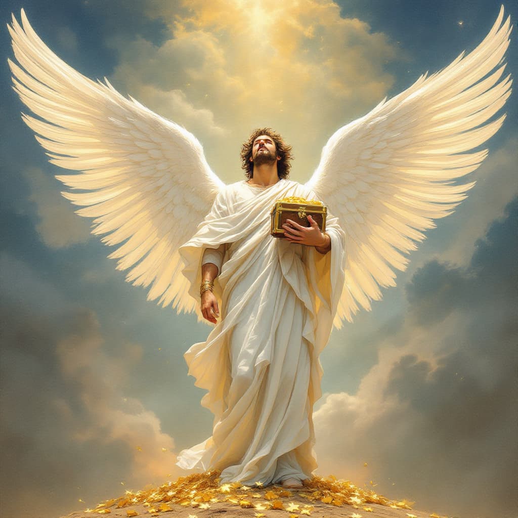 AI generated: An artist's drawing of a strong male angel, wearing a pure white robe, standing in the sky with his ...