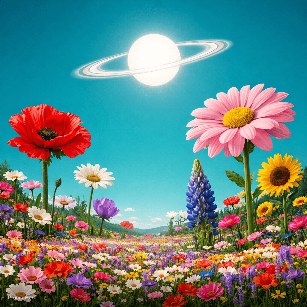 AI generated: a scenic landscape of a massive field of flowers some flowers are as tall as trees but the sky has a...