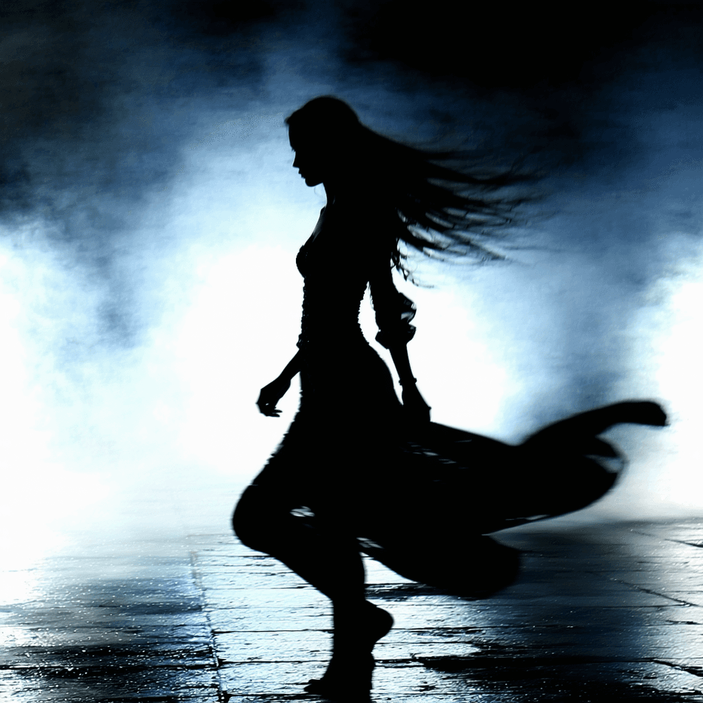 AI generated: A nimble shadow dancer, her form blending into the darkness and her clothing shifting and flowing li...