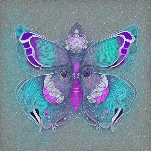 AI generated: 2d papillon rose, blanc, violet, turquoise, lumineux, entouré de lucioles qi brillent dans la nuit
