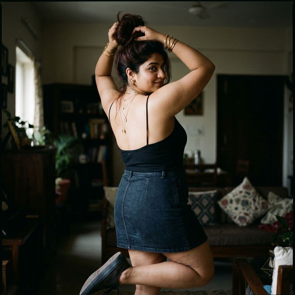 AI generated: A stunning chubby Indian woman in a playful confident mood with subtle arousal turned back with hand...