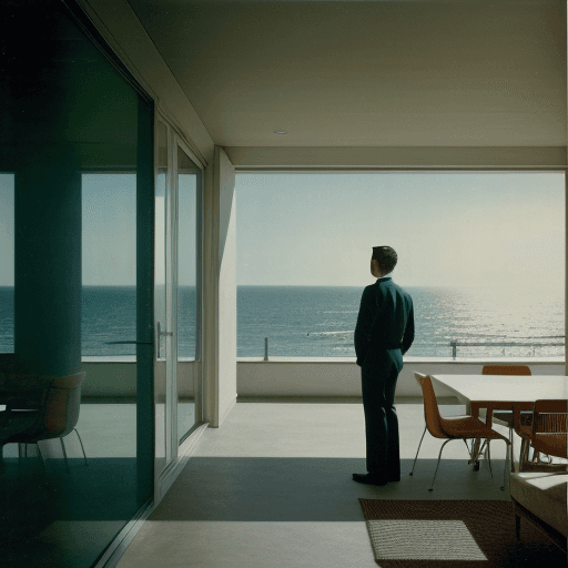 AI generated: Hyper realistic eye level exterior photo of a mid century young man overlooking the ocean, daylight,...