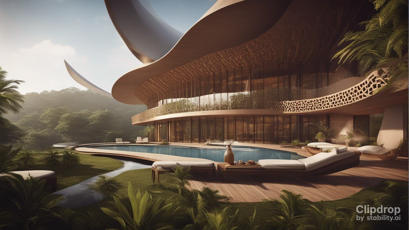 AI generated: a magnificent modern ecotourism site with a design of the peoples of Cameroon, swimming pools and be...