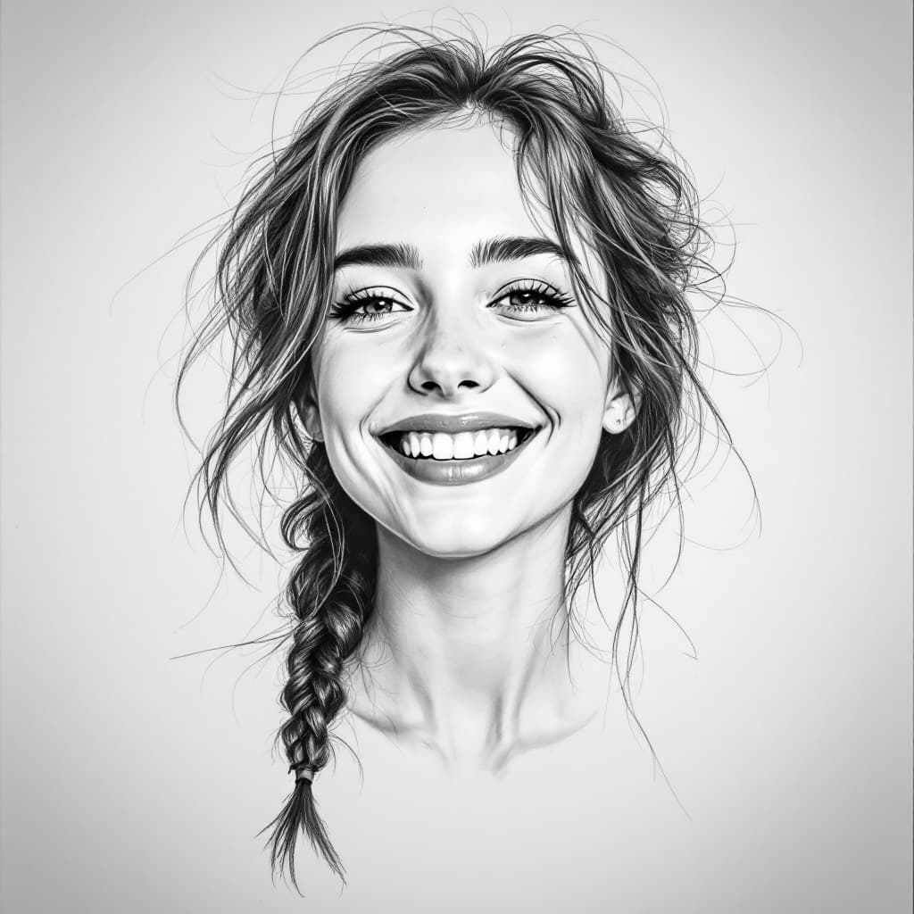 AI generated: Charcoal sketch of a happy girl in her 20s, calm, b&w