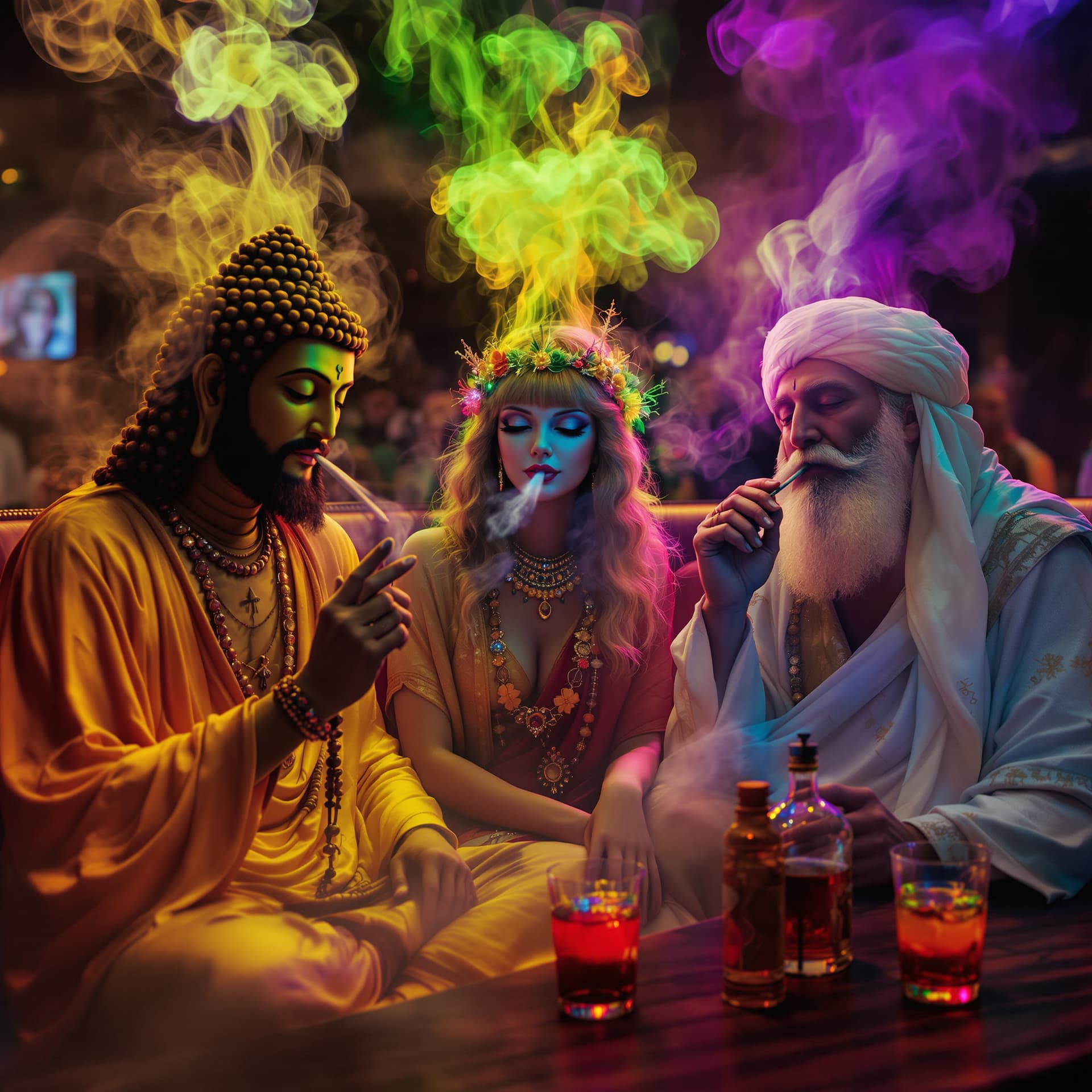 AI generated: Psychedelic, surreal. high resolution photography, front shot of, Buddha, Jesus, and Mohammad, all s...
