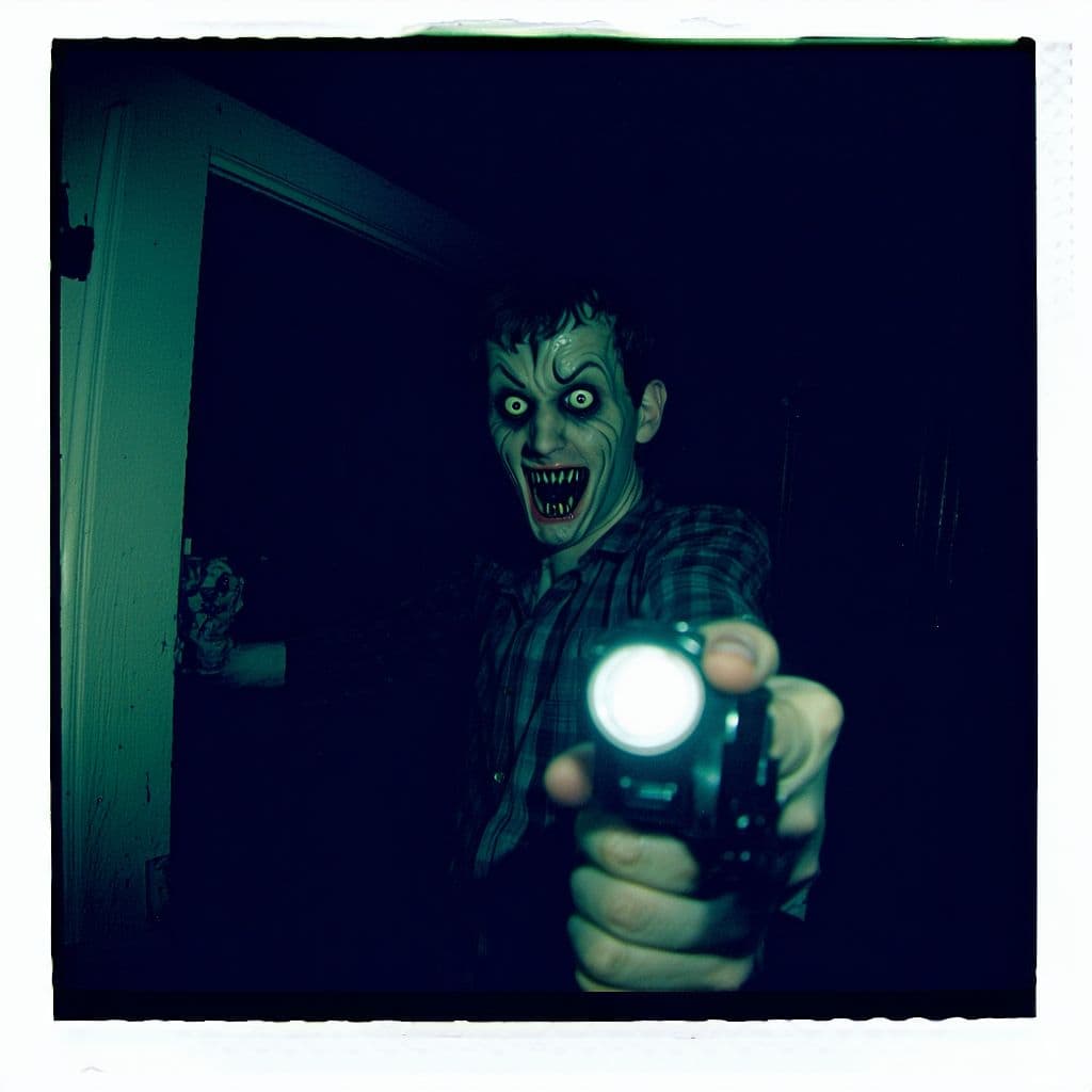 AI generated: Dave Blunts in a creepy haunted house holding a flashlight and he is scared out of his wits, abandon...