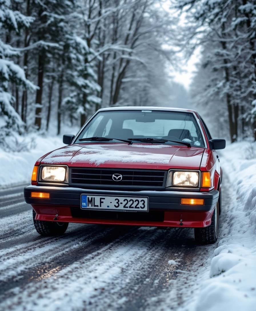 AI generated: year 1988 mazda 323 hatch back in winter road