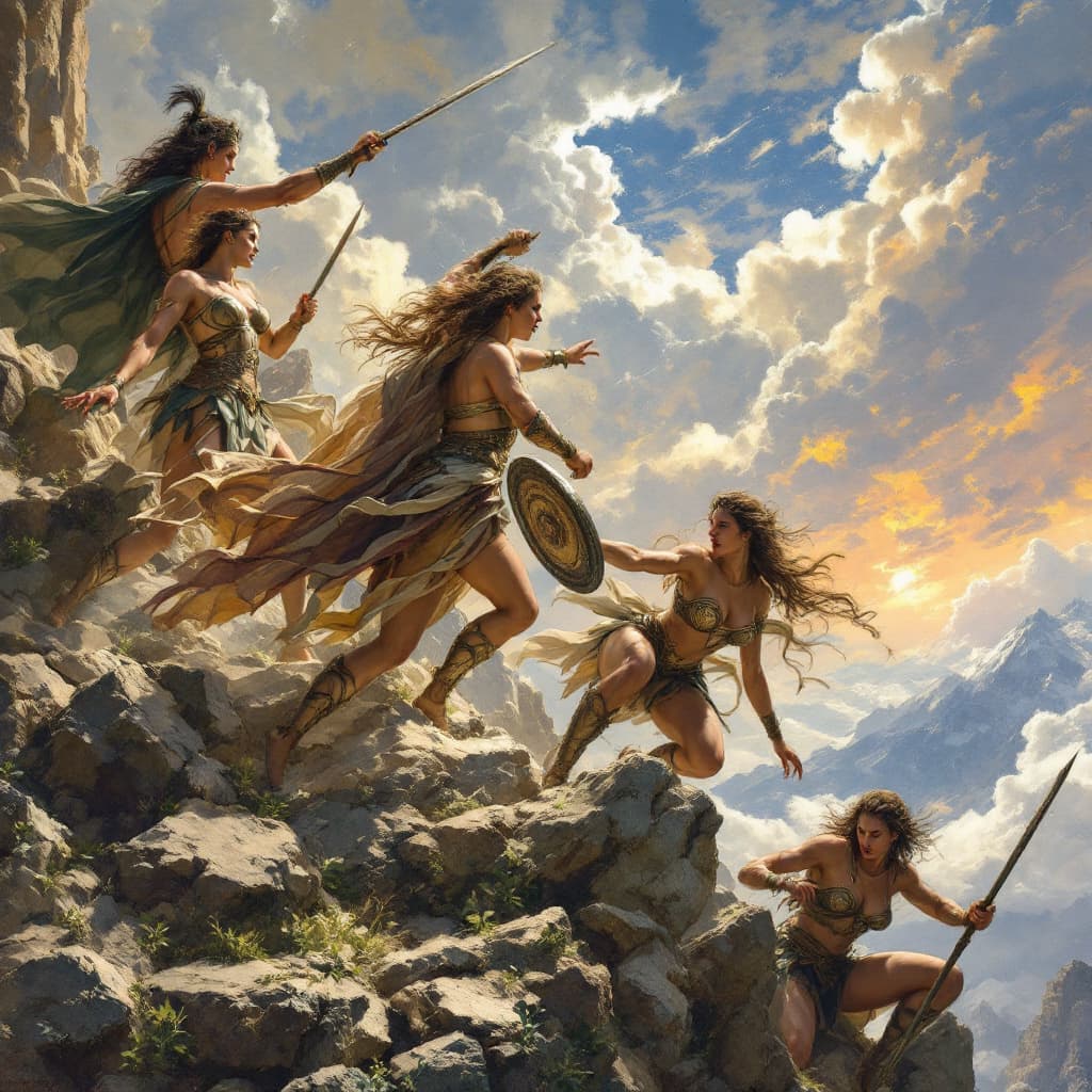 AI generated: amazon women fighting the gods on mount olympus. 