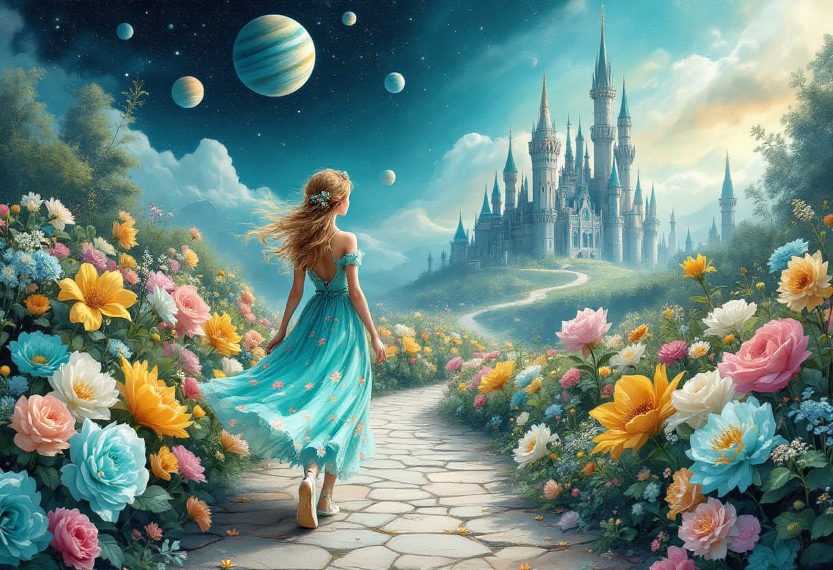AI generated: oil painting, short detailed brush strokes, textured
A whimsical girl in a vintage floral teal dress...