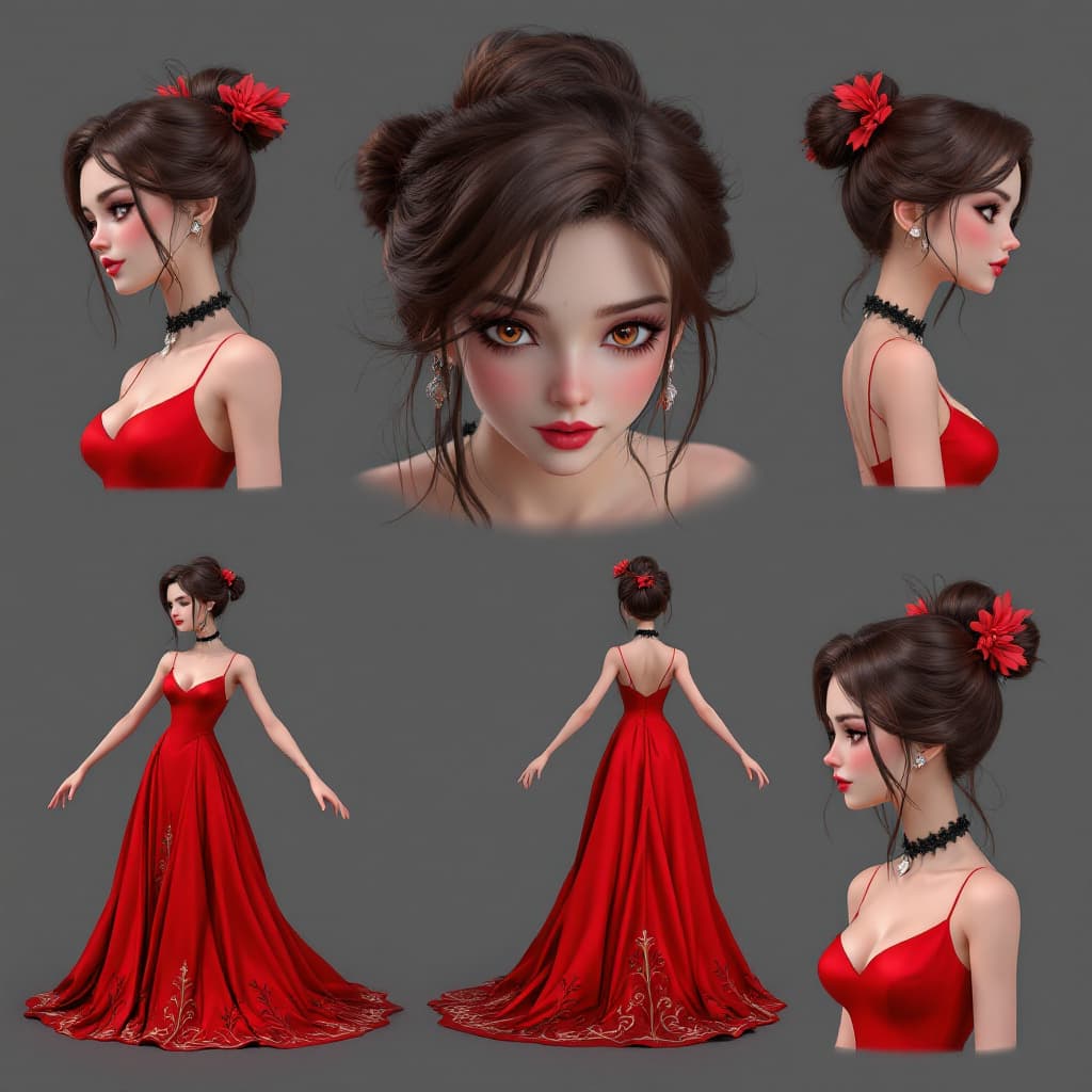 AI generated: Character sheet，valentine, Girl with fasened top hair, not open hair, top fasened hair, 3d printed, ...