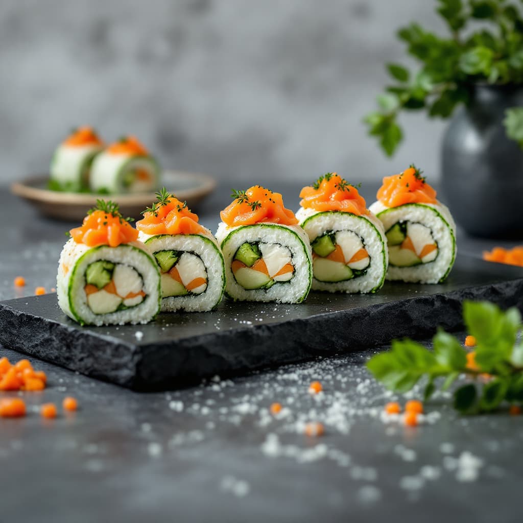 AI generated: 8 pieces of Philadelphia roll inside a cucumber, cheese and orange caviar , and salmon on top ,on a ...
