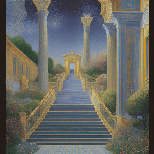 AI generated: Led Zeppelin´s Stairway to heaven", fine detailed pointillism painting + low-angle view, hyper-reali...