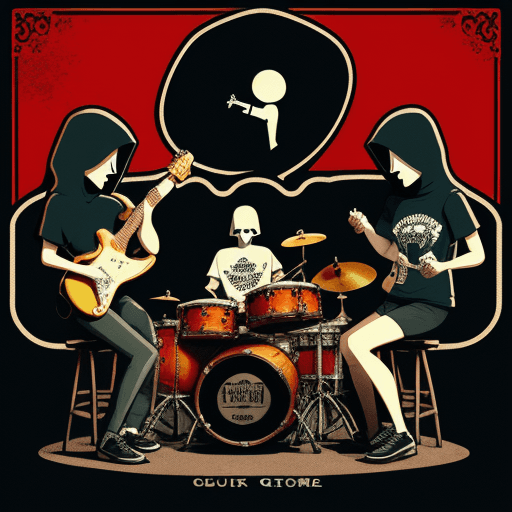 AI generated: group of mysterious figures playing guitar and drums, in the style of vintage t-shirt