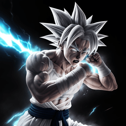 AI generated: Goku Ultra Instinct with a tough and intense gaze, and strong, glowing white hair, white aura, banda...