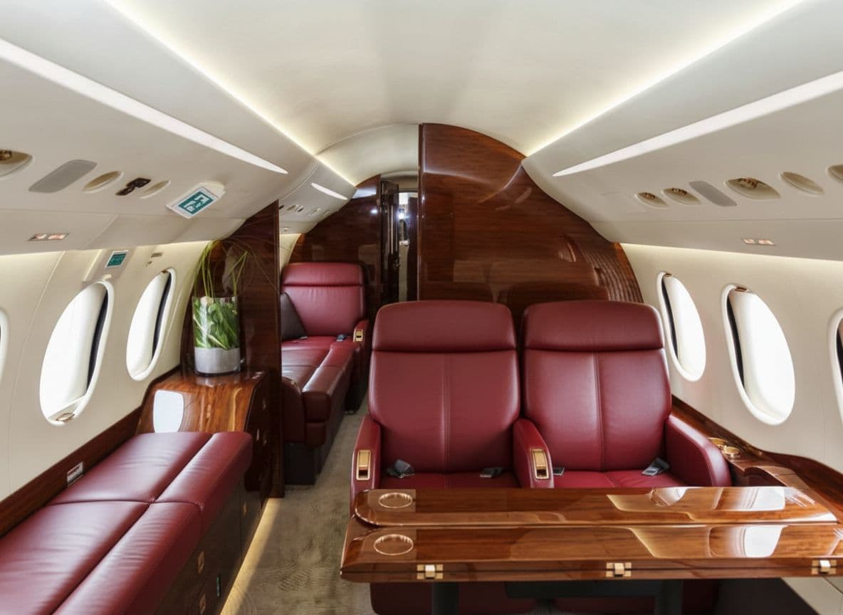 AI generated: luxurious interior of a private jet with red leather chairs  very realistic with the entrance door b...