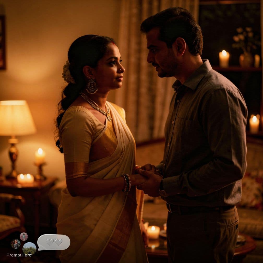 AI generated: Make the woman in the image and 20 year old boy in a passionate, intimate, and deep kiss in a candle...