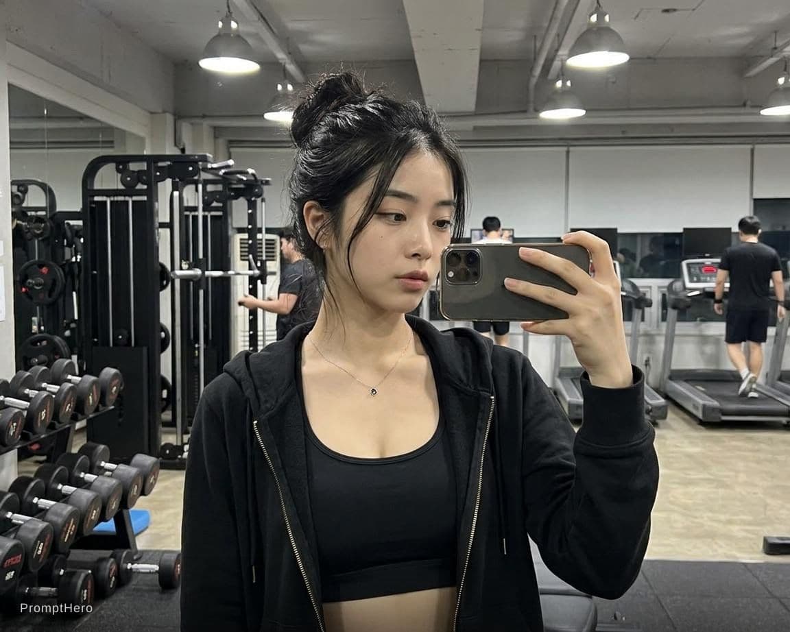 AI generated: Use the picture I uploaded and have her taking a gym selfie.