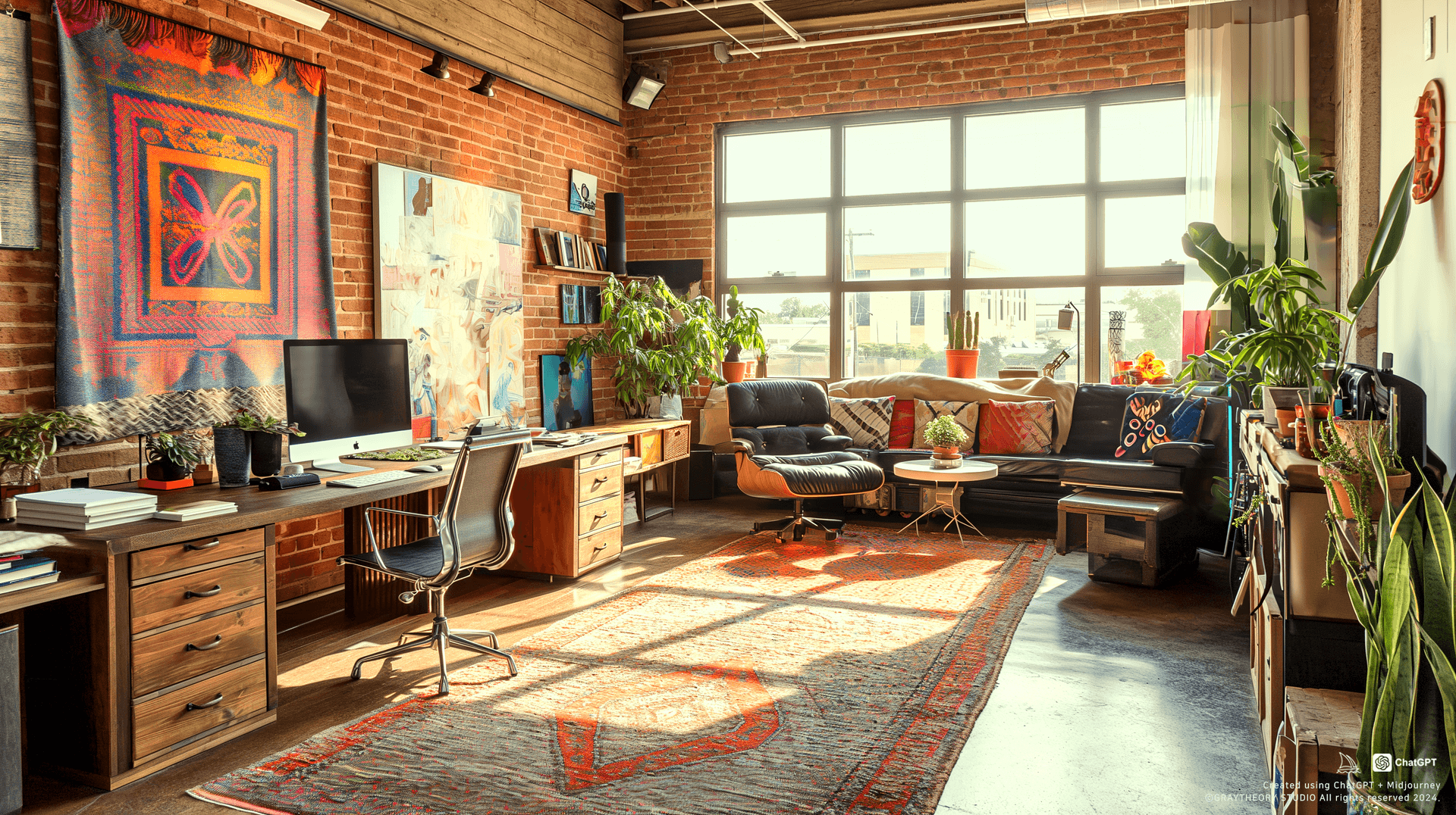 AI generated: Candid view, design studio, Canon EOS 5D Mark IV, 35mm f/2 lens, mid-century modern, wood and metal ...