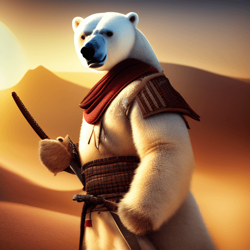 AI generated: in a desert with very strong sunlight, a photo of a samurai polar bear with a katana in his hands in...