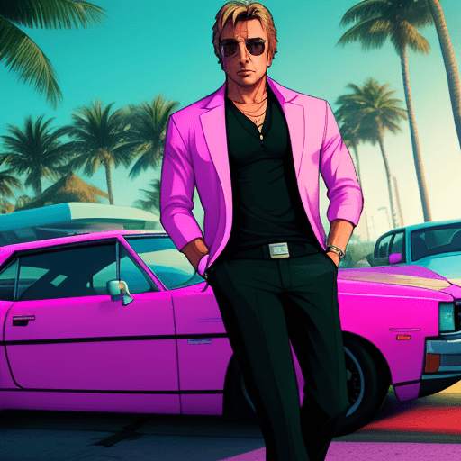 AI generated: gta6 image style using car,involving crypto catching eyes including reference to don johnson in Miam...