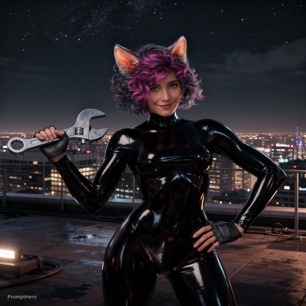 AI generated: Same from reference but wearing black latex suit, wet, roof of sky scraper, night sky