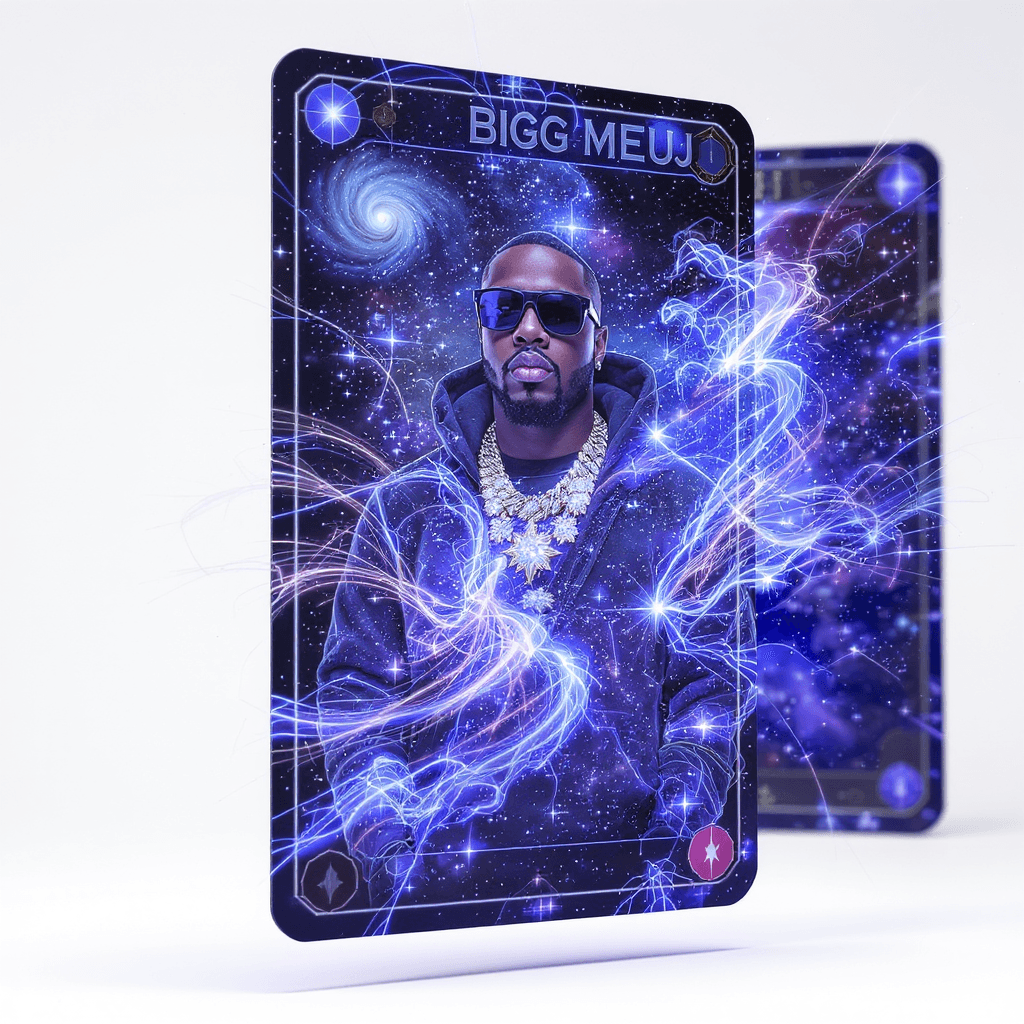 AI generated: The rapper Bigg Meuj card transforms into a 3D hologram that appears to be made of cosmic energy. As...