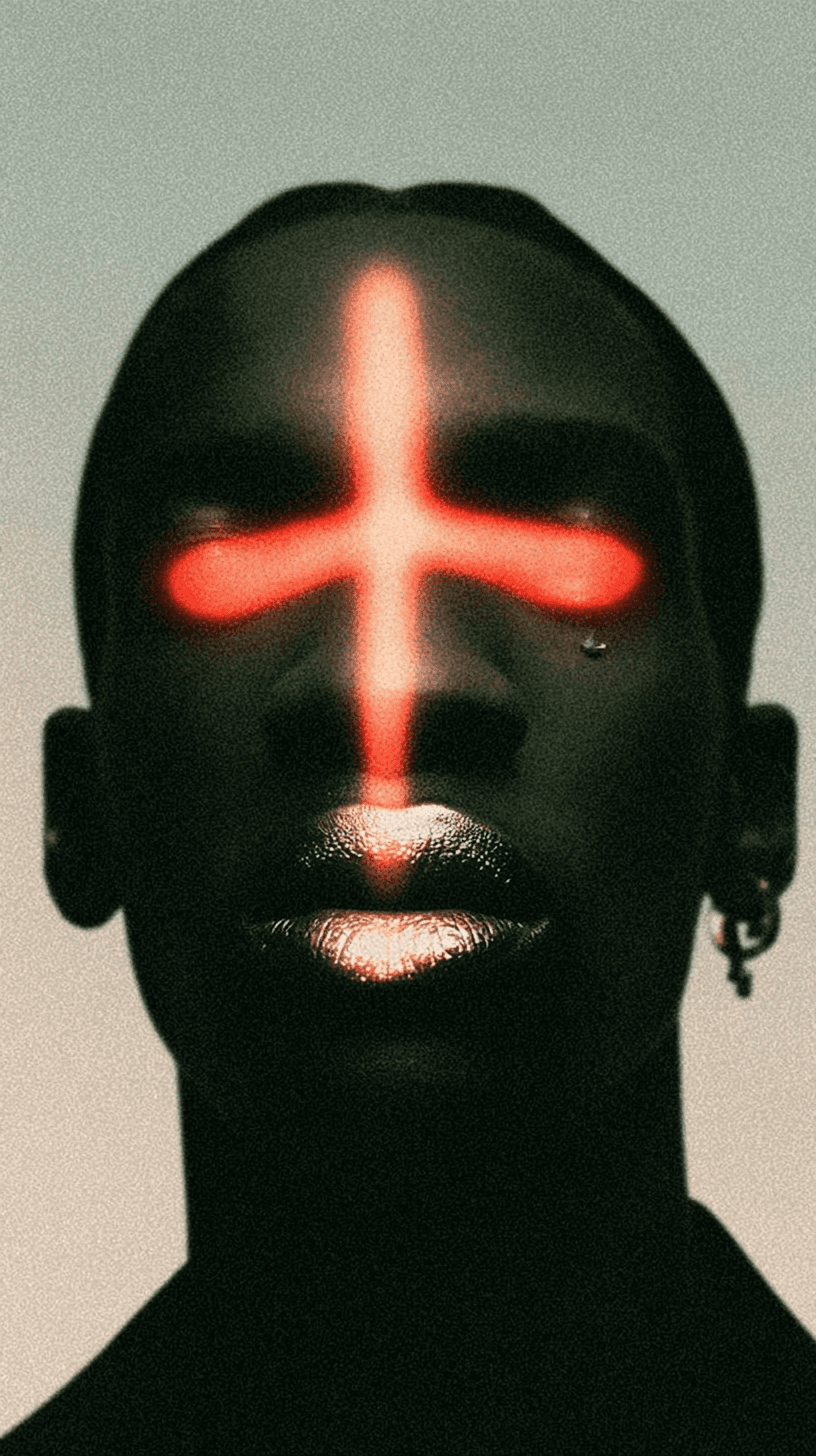 AI generated: A futuristic, high-contrast portrait of a person with jet-black, ultra-glossy skin, set against a bo...
