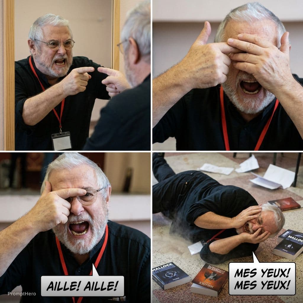AI generated: Jean-Denis est l’homme sur la photo. Jean-Denis est devant un miroir, se pointe et dit: « ARRÊTE QUE...