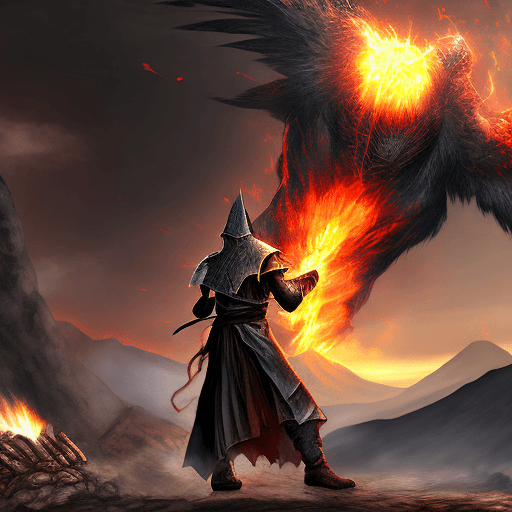 AI generated: Dark souls sorcerer with a vulcano in the backgroundohe
