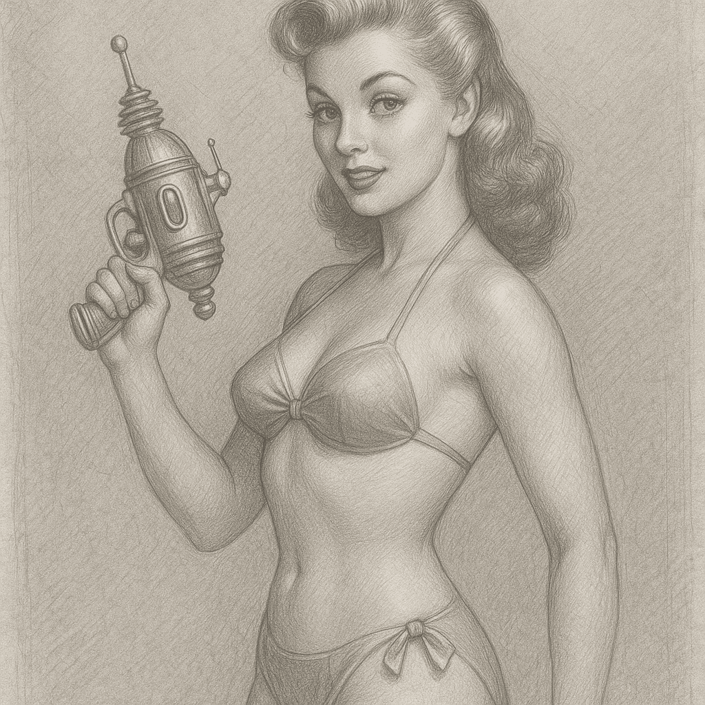 AI generated: bikini clad 1950's pinup model holding alien pistol, style silverpoint
