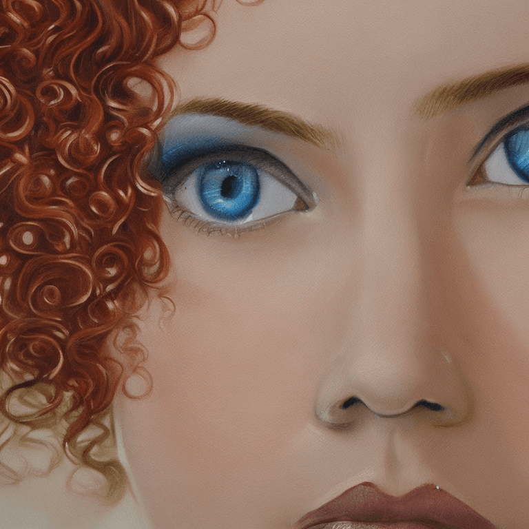 AI generated: Face of a blue-eyed woman with red and curly hair, painted by baskiat. 