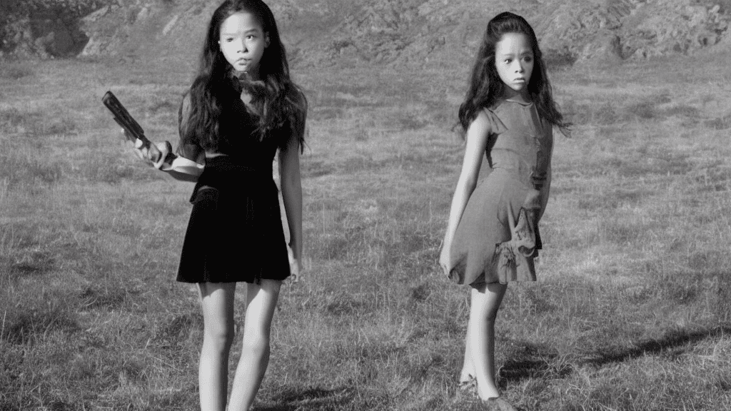 AI generated: Jenna Ortega in Wednesday movie  in a Black Dress, deadpan and emotionless, standing against a stark...