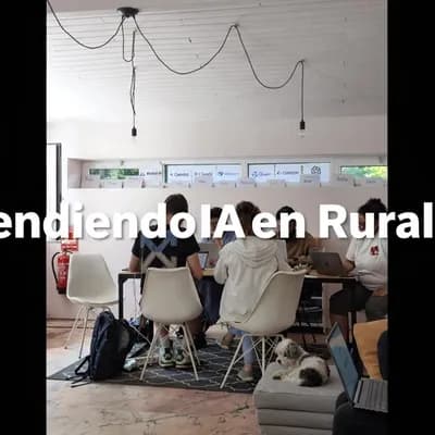 AI generated video: 6-second video. Photo of a group of young people sitting around tables working seriously and intense...