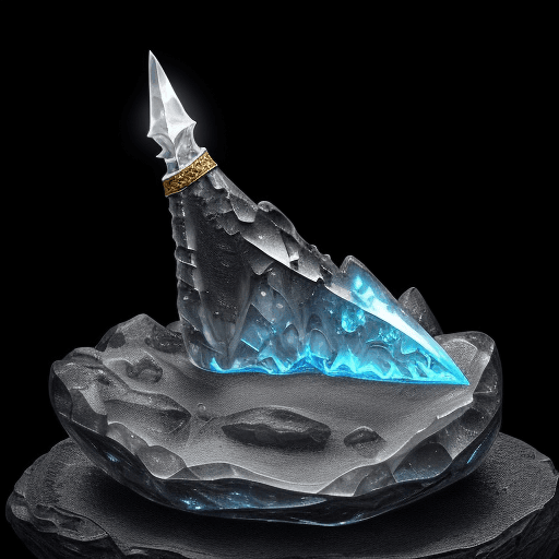 AI generated: A realistic, usable transparent DnD dagger made of crystal, lying flat on a volcano rock, featuring ...