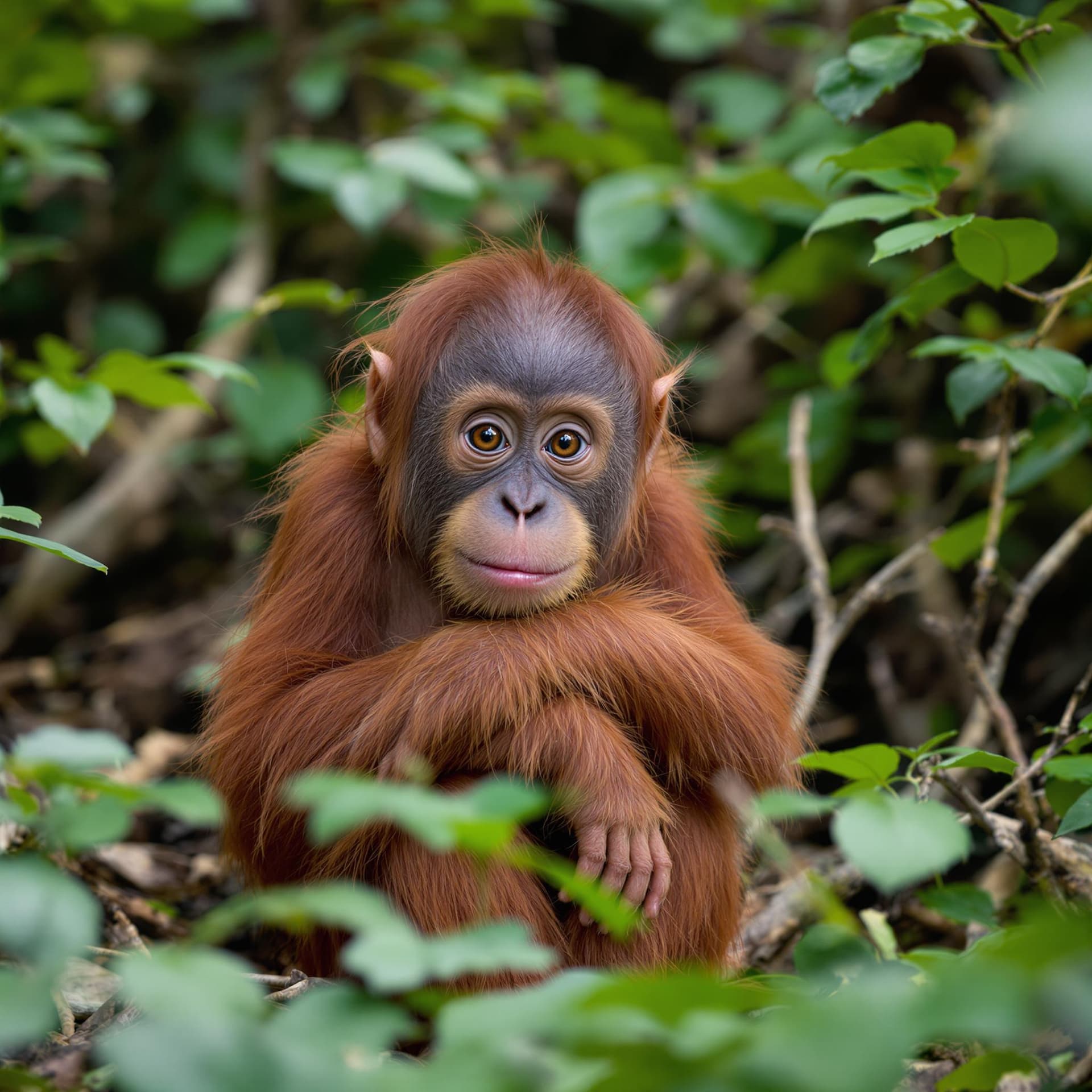 AI generated: The image depicts a young orangutan seated amidst a natural woodland setting, characterized by its d...