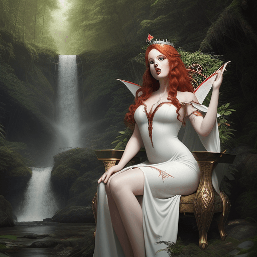 AI generated: photorealism. photo shoot. young woman, fairy queen, thick red hair, green eyes, red lips. athletic ...
