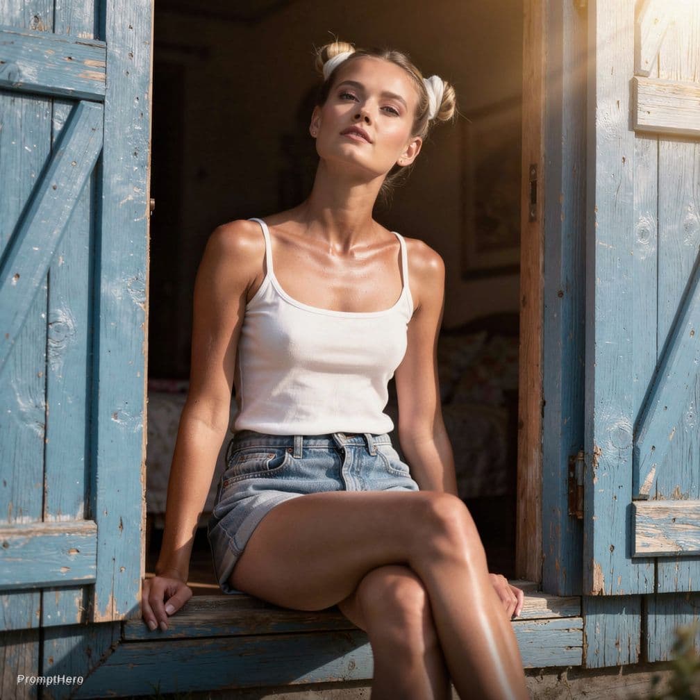 AI generated: young, tall, slim, Woman sitting in rustic blue window frame, white tank top, denim shorts, head til...